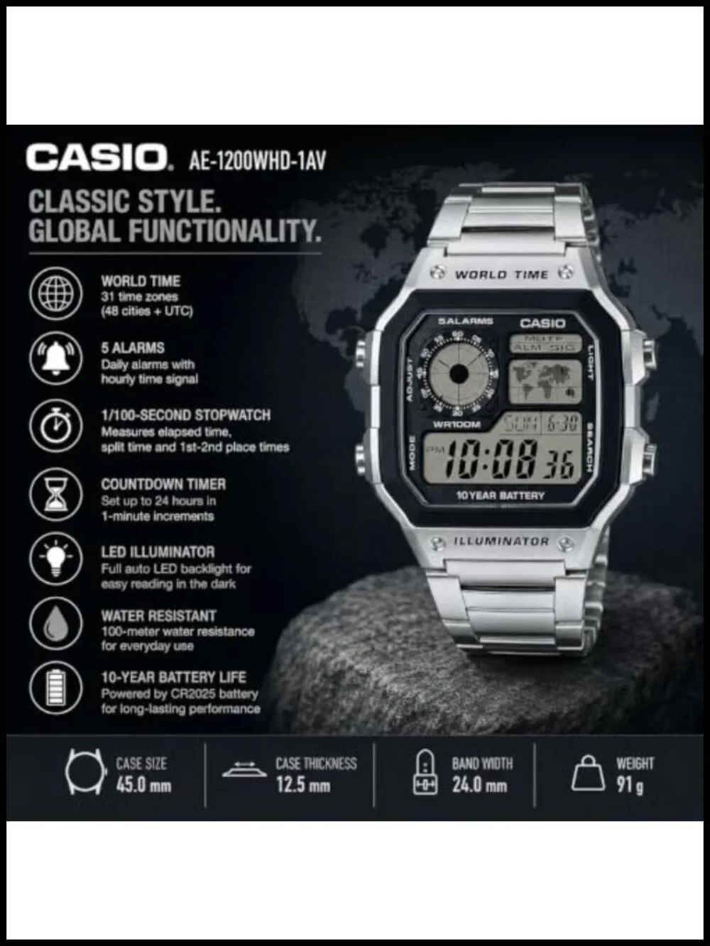 Casio Men's Digital Watch Stainless Steel World Time 100M WR 10 Year Battery